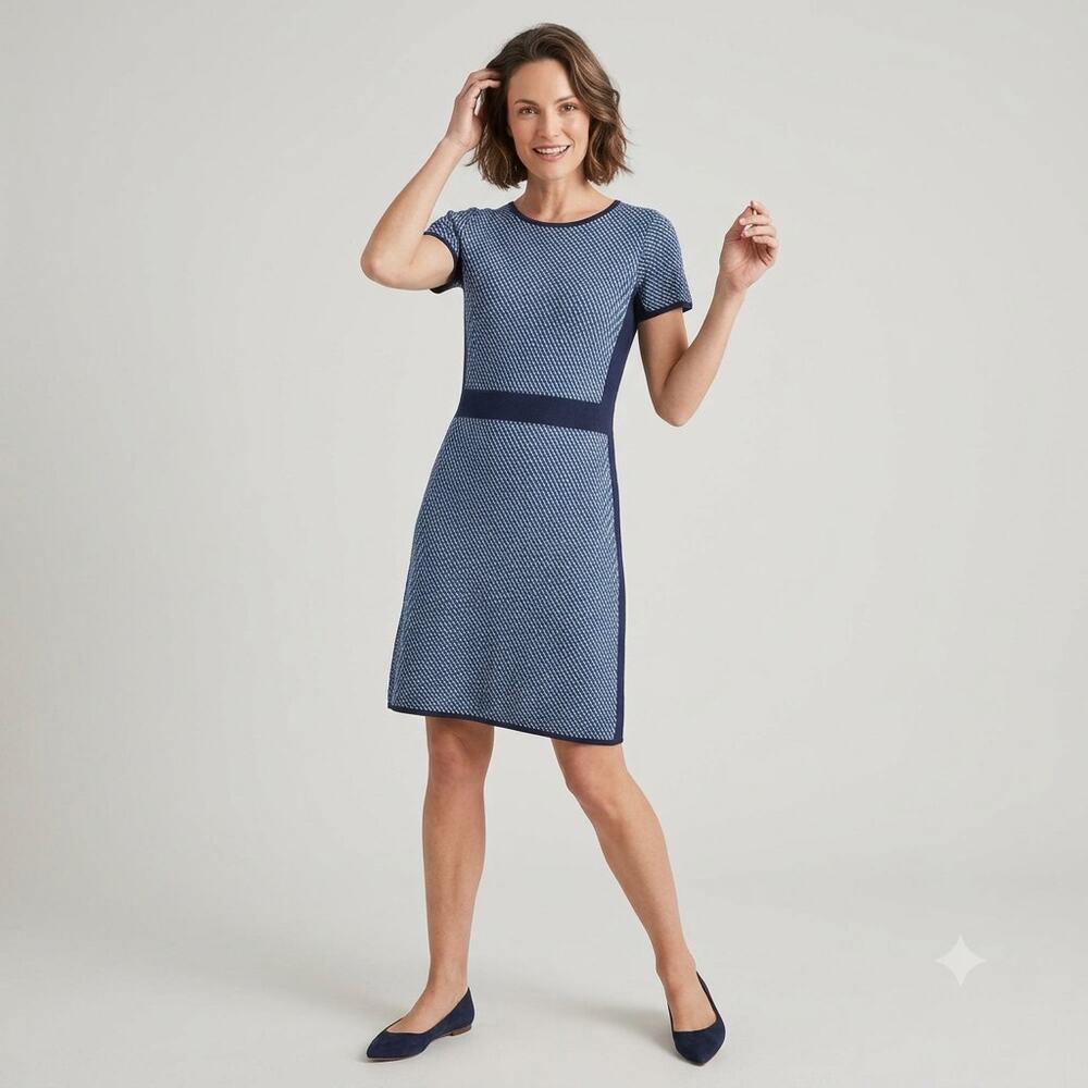 Boden Zoe Blue Knitted Shift Sweater Dress Geometric Stripe Stretch Womens 6R